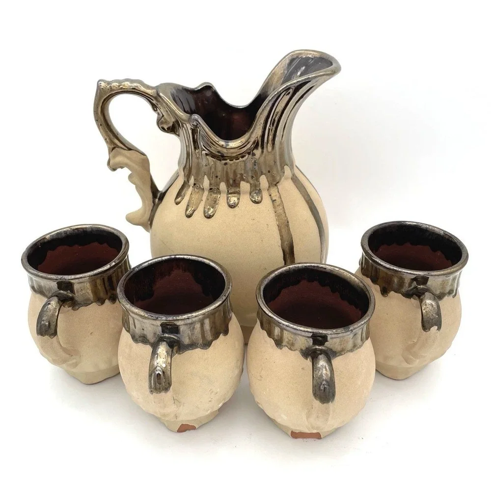 Vintage Terracotta Pitcher and 4 Mug Set Metallic Drip Glaze Studio Pottery